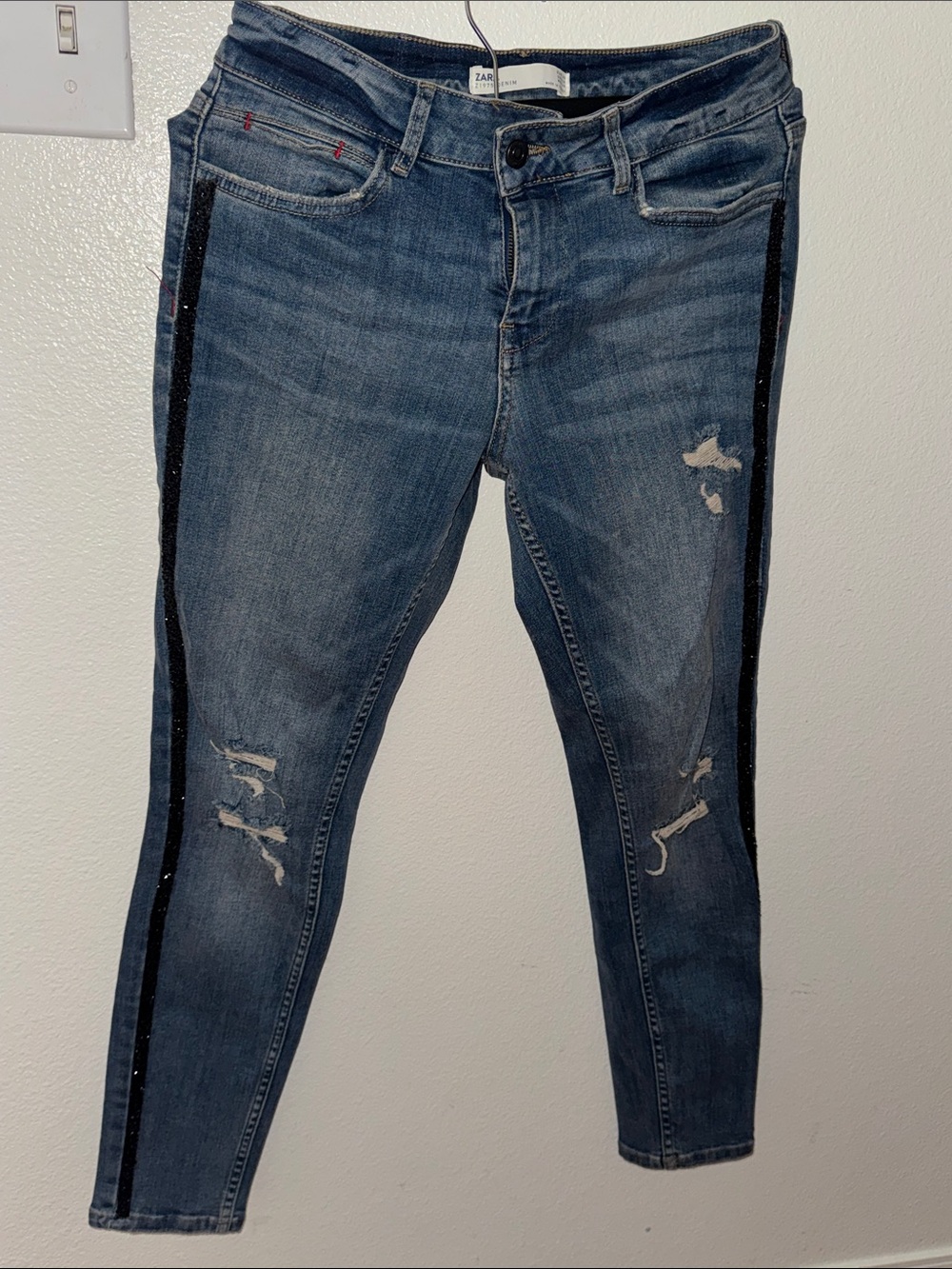 Zara Dark Blue Distressed Skinny Jeans with Black Side Trim